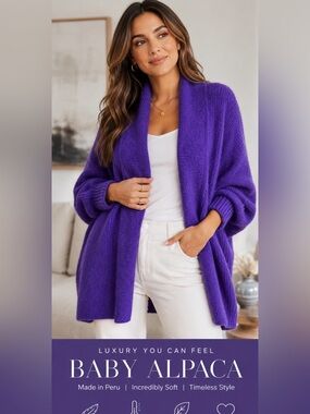 NWT BABY ALPACA CARDIGAN PURPLE OPEN FRONT SHAWL COLLAR Made in Peru S/M LUXARY
